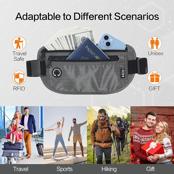 Slim RFID Blocking Money Belt for Travel - Anti-Theft Hidden Passport Holder Waist Wallet with Secure Pouch for Cash, Credit Cards & Phone Safe (Grey) - Image 4