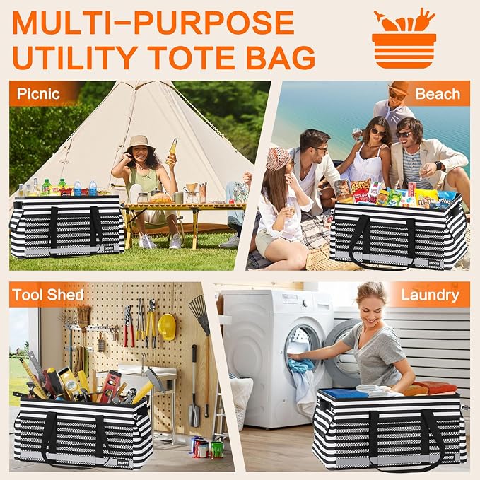 Extra Large Utility Tote Bag with Reflective Strip, Standing Reusable Grocery Bags with Hard Bottom, Collapsible Utility Tote with Handles for Shopping, Beach, Picnics, Car, Striped Black - Image 9