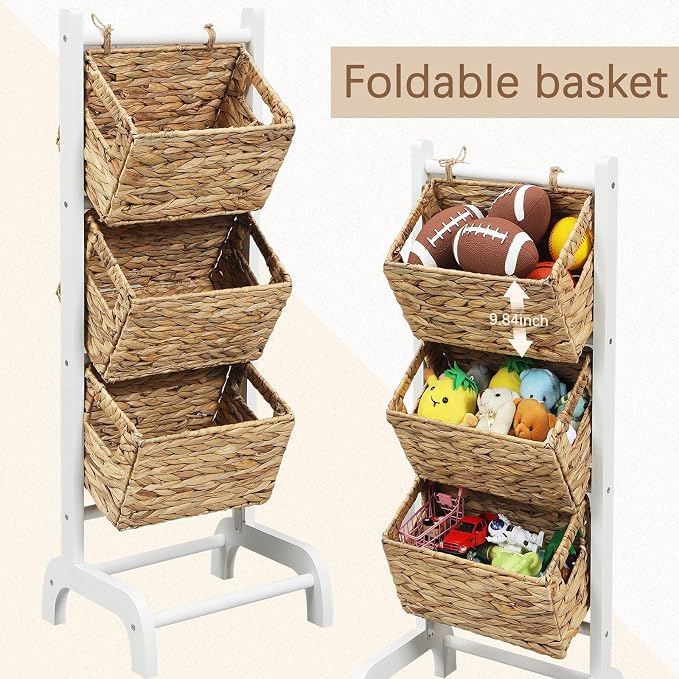 Wicker 3 Tier Foldable Storage Basket Floor Rack with Market Storage Basket Water Hyacinth Storage Rack Hand Woven Laundry Rack for Bathroom Kitchen Laundry Room Living Room Storage(White) - Image 4