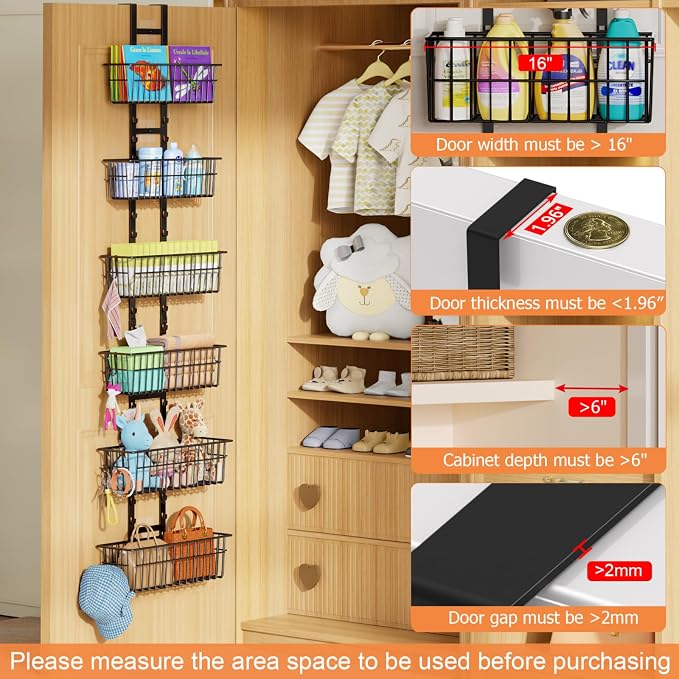 Hongtamoya Over The Door Organizer, Adjustable Hanging Door Organizer with 6 Wire Baskets 5 Hooks, Metal Behind The Door Storage for Pantry Closet Bedroom Bathroom Cabinet Kitchen Laundry Room, Black - Image 5