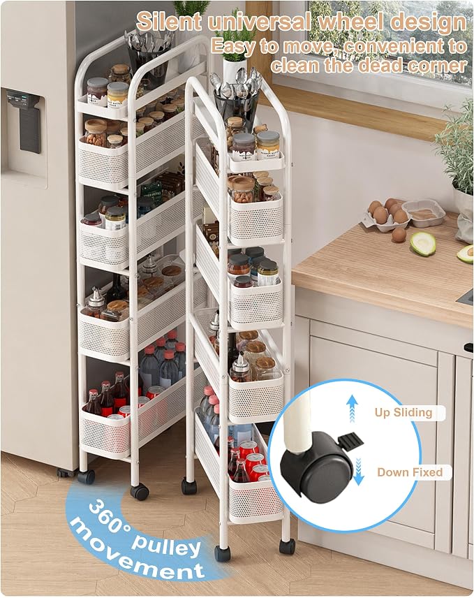 UMDONX 5-Tier Narrow Mobile Storage Cart with Pull-Out Baskets | The Multifunctional Pull-out Storage Rack Is Suitable for Bathrooms, Kitchens, and Laundry Rooms - Image 6