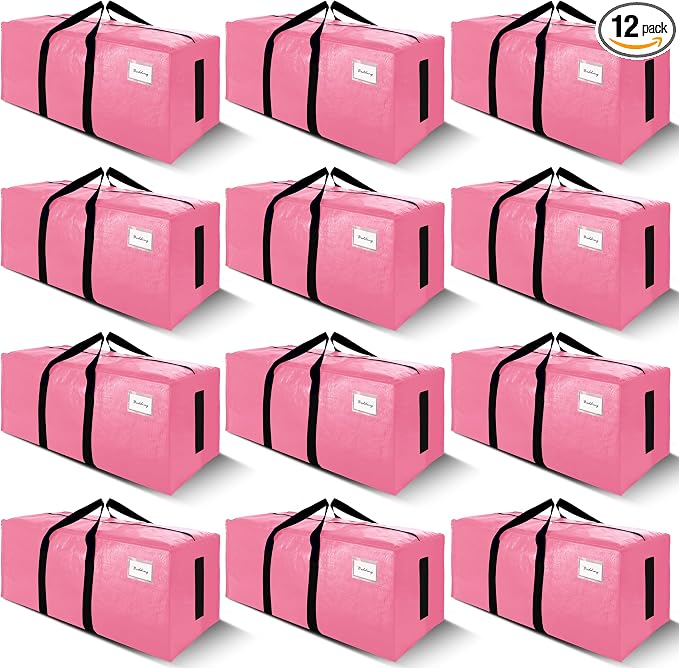 SWEET DOLPHIN 12 Pack 200LB Heavy-Duty Moving Bags with Wrap-Around Handles, Extra Large Storage Totes for Space Saving, Clothes Storage Bags, College Dorm Essentials, Pink, 24 Gal by SWEET+DOLPHIN