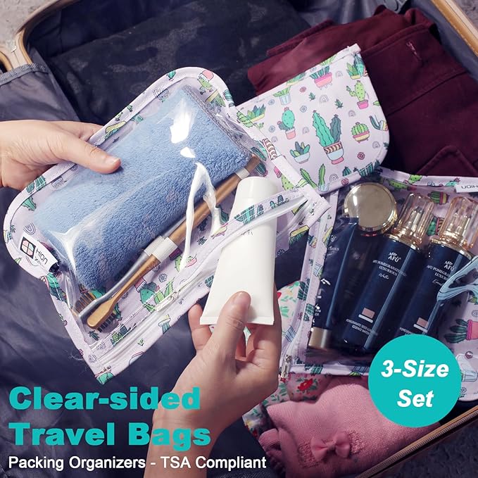 HIONXMGA Set of 3 Clear Travel Toiletry Bag, TSA Approved, Quart Size S/M/L | Clear Front Zipper Pouches Waterproof Cosmetics Bags for Women Kids Toiletries Baby Essentials Well-Organized Carry, Cacti A - Image 2