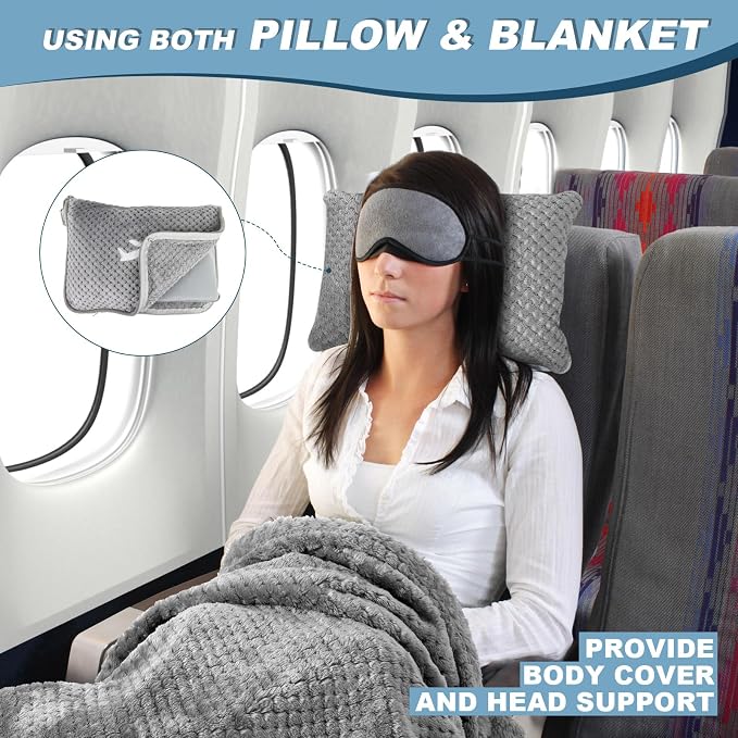 Travel Blanket Airplane Compact with Bag, Travel Essentials 3 in 1 Packable Airplane Blanket, Travel Pillow and Blanket Set, Inflatable Pillow, Luggage Sleeve & Backpack Clip (Light Grey) - Image 2