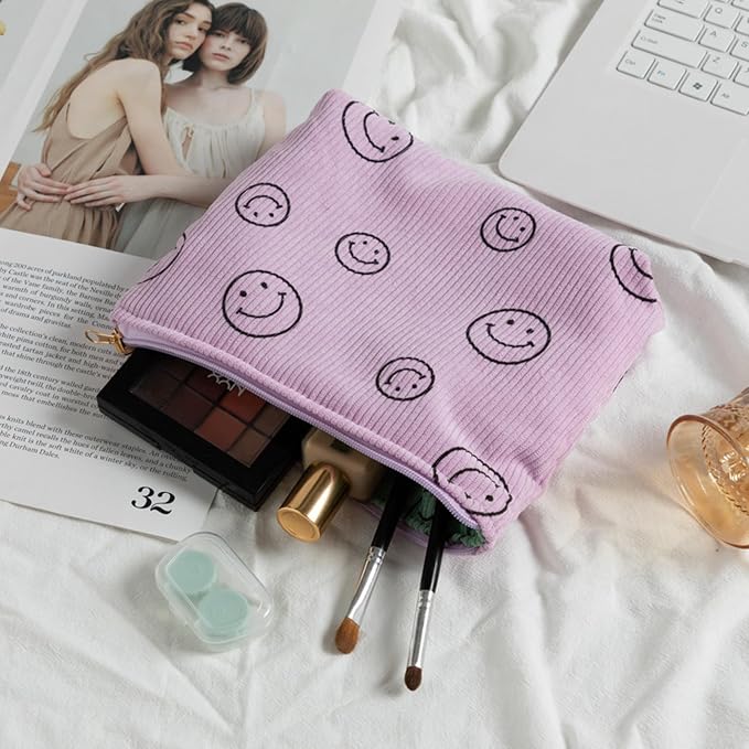 Cosmetic Bags for Women - Corduroy Cosmetic Bag Aesthetic Women Handbags Purses Smile Dots Makeup Organizer Storage Makeup Bag Girls Case Bags (Double Purple Green) - Image 6