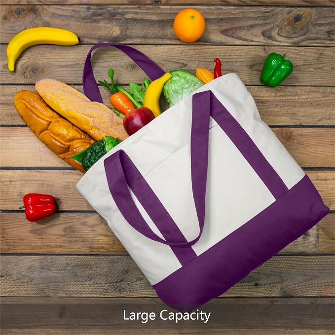 TOPDesign 3-Pack Canvas Tote Bags with an External Pocket, Reusable Grocery Shopping Bags, Top Zipper Closure, Daily Essentials (Purple/Natural) - Image 4