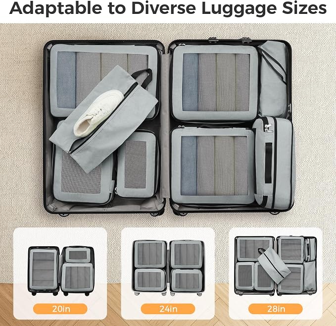 BAGAIL 8 Set Compression Packing Cubes, Expandable Luggage Organizer Bags for Travel Accessories (Gray) - Image 6