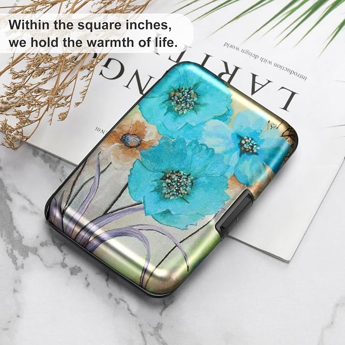 Mini RFID Aluminum Wallet Credit Cards Holder Business Card Case Metal ID Case for Men Women(Blue Flower) - Image 6