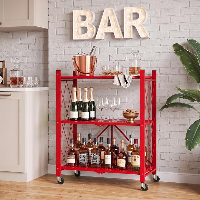 DEANIC 3 Tier Foldable Storage Shelves with Wheels, Kitchen Appliance Stand, Freestanding Metal Wire Shelf Rack, No Assembly Organizer Rolling Cart for Garage, Basement, Pantry(Red Pack of 2) - Image 2