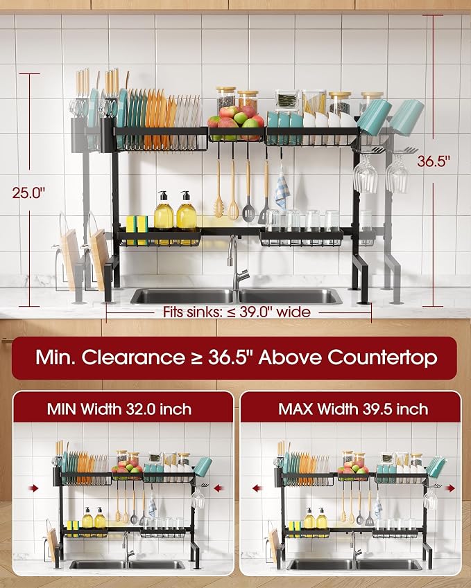 Sakugi Over The Sink Dish Drying Rack - Adjustable 2 Tier X-Large Capacity Stainless Steel Drainer with Cutlery & Utensil Holders, Kitchen Storage & Organization, 32"-39.5" L x 12" W x 25" H, Black - Image 3