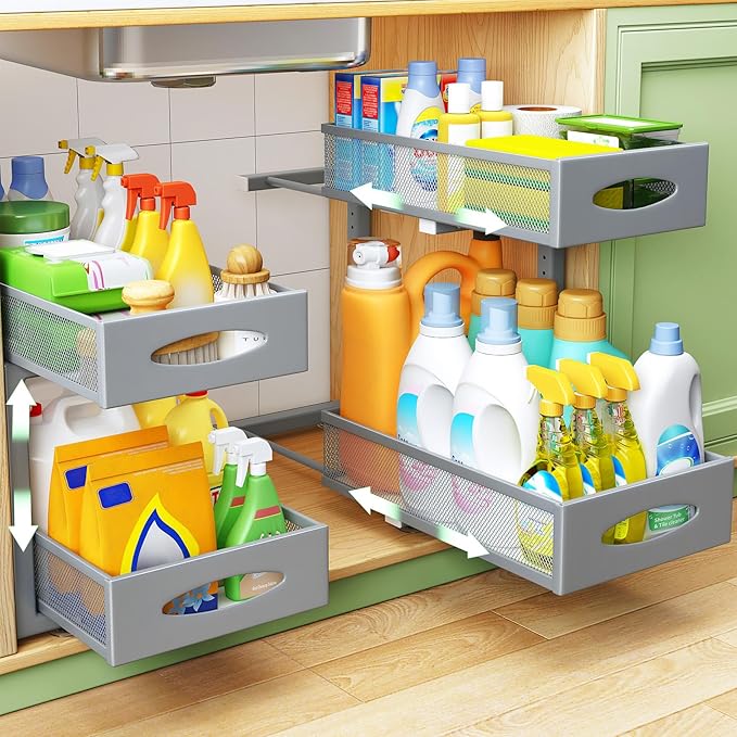 2 Pack Under Sink Organizer, 2 Tier Pull out Cabinet Organizer Mesh Baskets with 5 Adjustable Heights, Sliding Drawers Storage Shelf for Home, Kitchen, Bathroom, Pantry, Office, Countertop ,Grey by Kitstorack