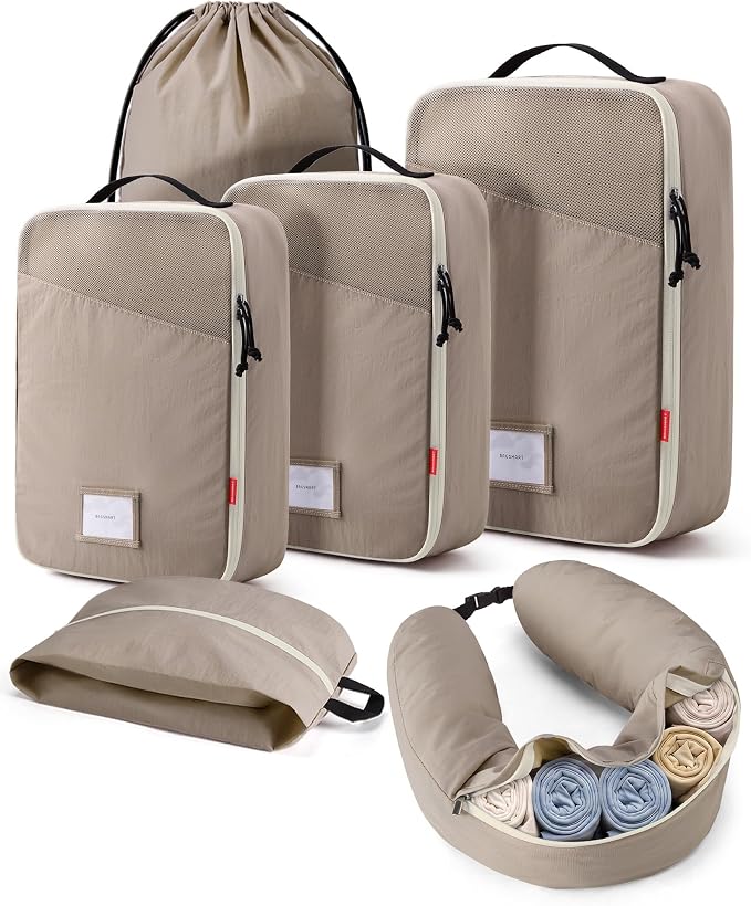 BAGSMART Compression Packing Cubes with Fillable Neck Pillow for Clothes | 1 Wearable Neck Pillow & 5 Travel Bags to Avoid Baggage Fees, Durable, Tear Resistant Washable Taslan Fabric with Card Slots by BAGSMART
