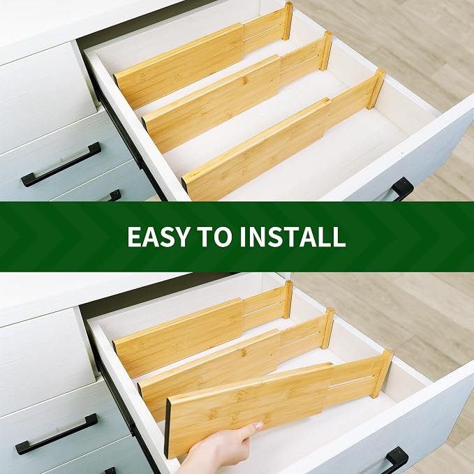 VaeFae 6 Pack Bamboo Drawer Dividers, 4" High Adjustable 16.6" - 21.8" Clothes Drawer Organizers, Expandable Separators for Bedroom/Bathroom/Kitchen/Office Storage - Image 4