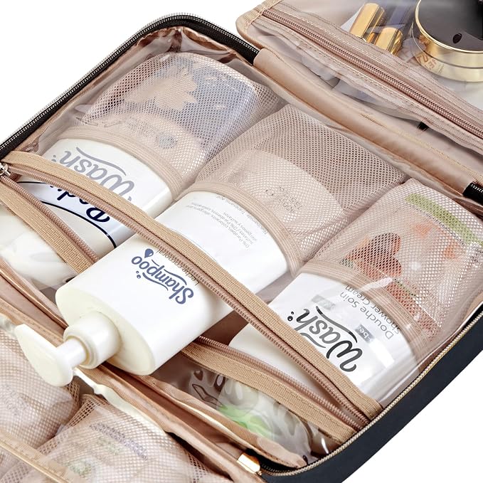 NISHEL Travel Toiletry Bag for women, Portable Hanging makeup Organizer | for Travel-Sized Shampoo, Conditioner, Brushes Set, makeup Accessories, Large Size, Black - Image 6