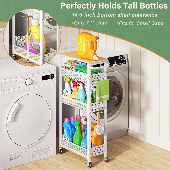 OKZEST Slim Bathroom Organizers and Storage Cart with Toilet Paper Holder | Upgraded metal hub casters, 4-Tier space-saving narrow rolling cart, Premium wood & metal mesh shelves, Holds tall bottles - Image 8