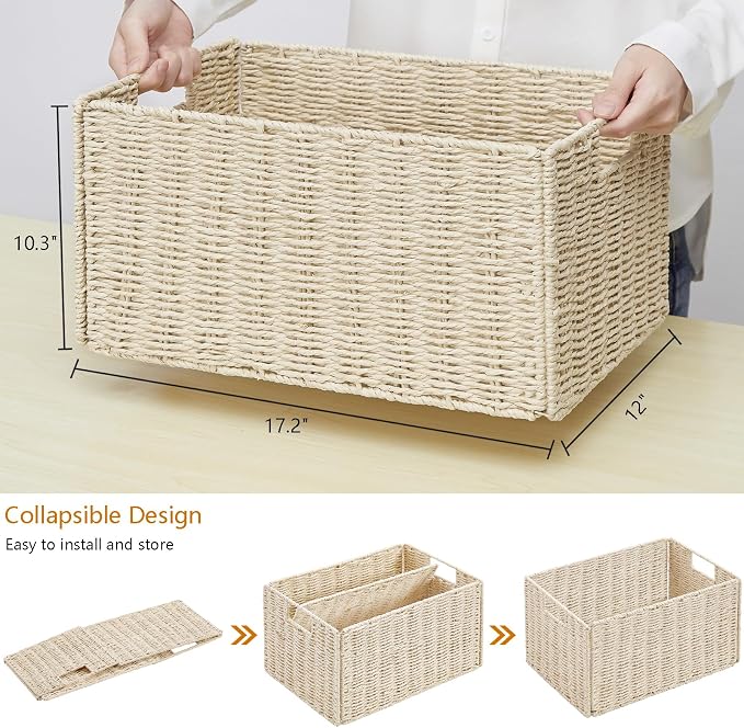 Wicker Storage Basket, Set of 2 Hand-Woven Paper Rope Wicker Basket, Small Storage Baskets for Organizing Toilet Paper Baskets, Foldable Large Cube Storage Organizer Bin for Shelves (Beige) - Image 2