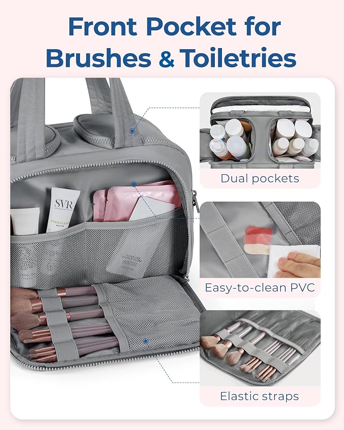 BAGSMART Travel Toiletry Bag, Lightweight Large Wide-open Travel Bag for Women, Puffy Cosmetic Makeup Bag Organizer with Handle for Accessories,Essentials, Toiletries, Grey - Image 4