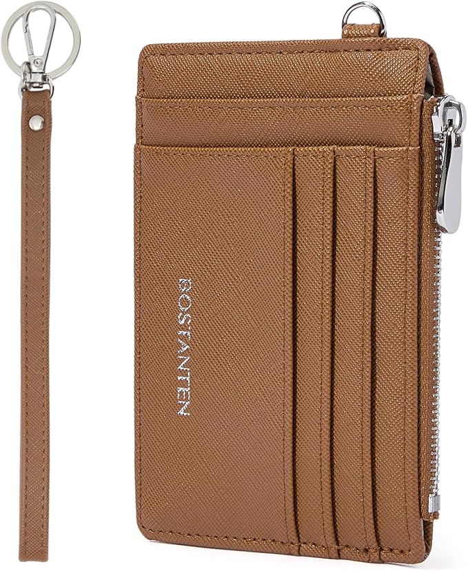 BOSTANTEN Credit Card Holder RFID Small Wallet for Women with Keychain | Slim, Wristlet, Zipper Coin Pocket, Pocket-Friendly, Vegan Leather, Minimalist, Gifts, Brown by BOSTANTEN