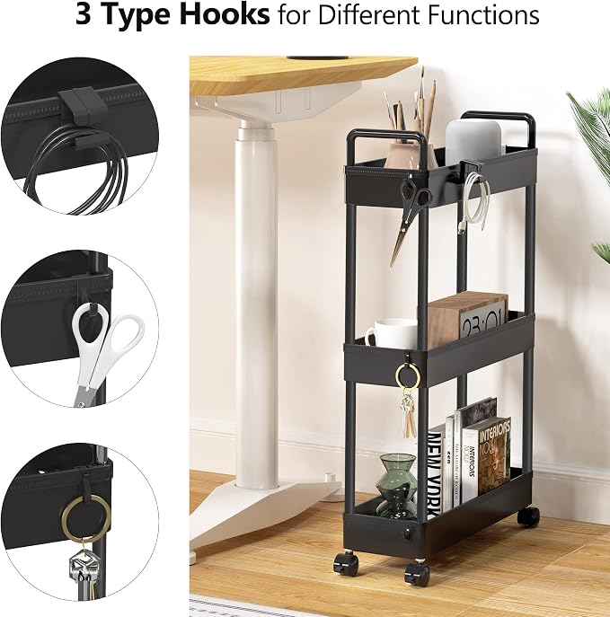 SOLEJAZZ Slim Rolling Storage Cart Skinny Bathroom Organizer, 3 Tier, Black | Thin utility cart with wheels for bathroom, laundry room, bedside, kitchen, dorm, office, next to fridge, small narrow places - Image 3