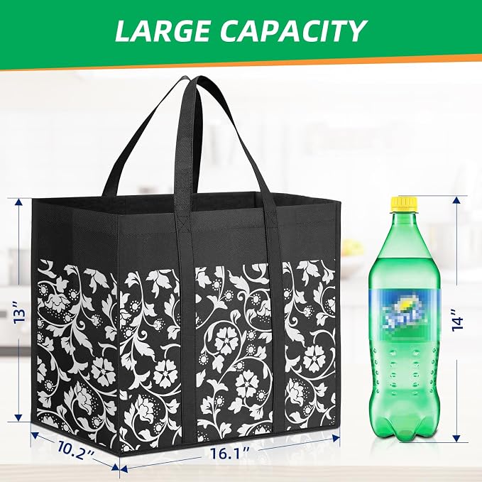 Reusable Grocery Bags Foldable Tote Bags bulk Shopping Bags 10-Pack, Black | Reinforced Handles Shopping Bags for Groceries Heavy Duty Kitchen Reusable Grocery Bags with Waterproof Coating - Image 3