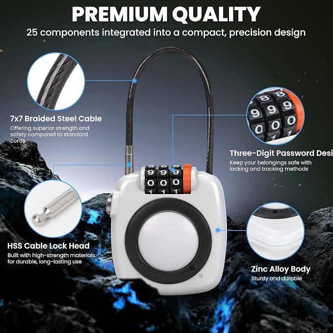 3-Digit Combination Holder Lock Compatible with Apple AirTag, Steel Cable – Alloy Body Ultra Durable Secure Anti-Theft for Luggage, Backpack, Bags, Suitcase, Gym Locker, Travel Safe (White) - Image 3