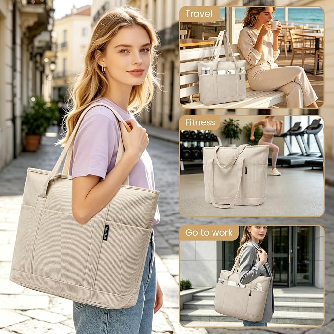 Large Canvas Tote Bag for Women, Beach Bag with Zipper, Utility Tote Bag with 3 Front Pockets, Weekender Pool Bag - Image 6