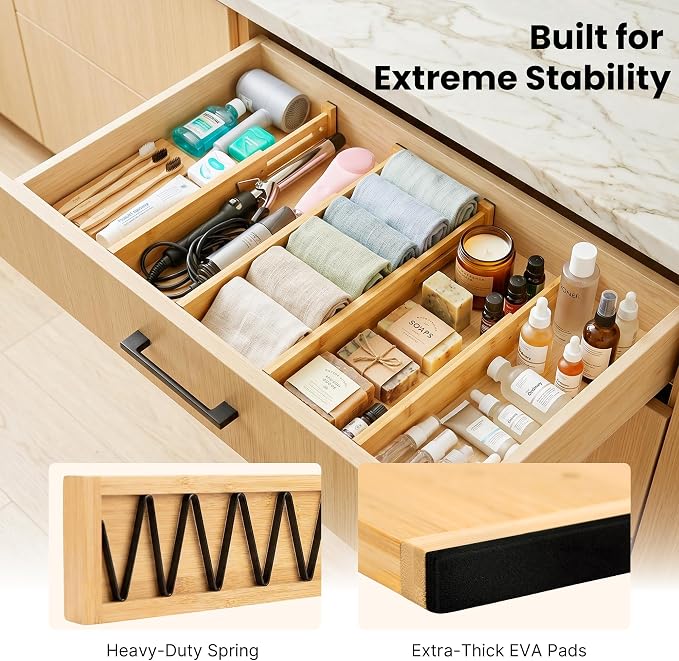 4 Pack 2.36" Bamboo Drawer Dividers, 17-22" Expandable Kitchen Organizers | Adjustable Spring-Loaded Tension Separators with Foam Pad for Clothes, Utensils, Kitchen, Dresser, Nursery & Bathroom - Image 4
