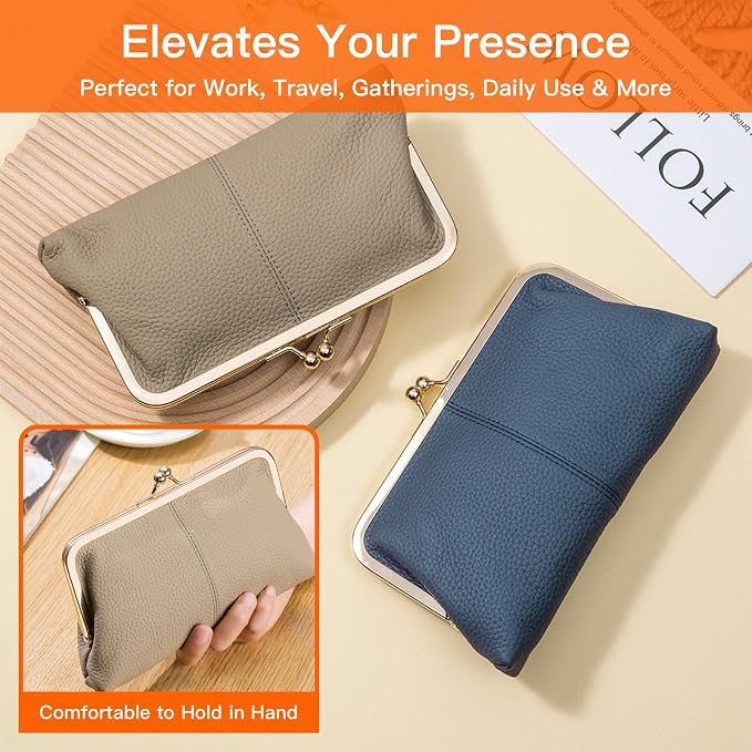 Women's Genuine Leather Wallet - Fashionable Kiss Lock Card Holder, Long Clutch Purse, Portable Large Capacity Travel Wallett (Gray) - Image 7