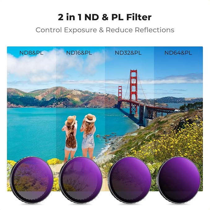 K&F CONCEPT Push-in ND/PL Filter Kit for DJI Osmo Action 3/4/5 Pro | 4 Pack ND8/PL ND16/PL ND32/PL ND64/PL Neutral Density Polarizing Reduce Glare Light Control, FD131 - Image 3