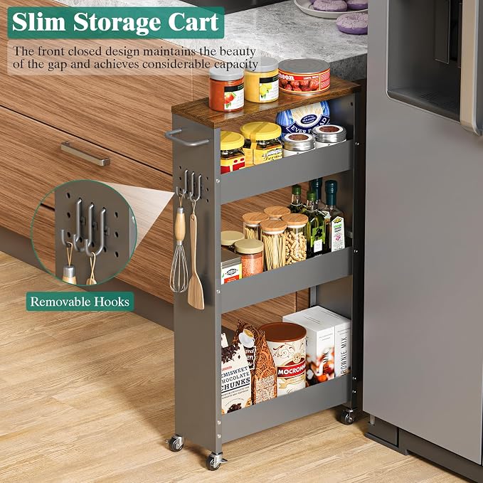 CHLORYARD Slim Storage Cart, 4-Tier Kitchen Rolling Cart Narrow Storage Cabinet with Handle & Wheels, Metal Rolling Shelf Unit for Kitchen Bathroom Laundry Small Places (5.9IN/ Gary/Brown) - Image 2