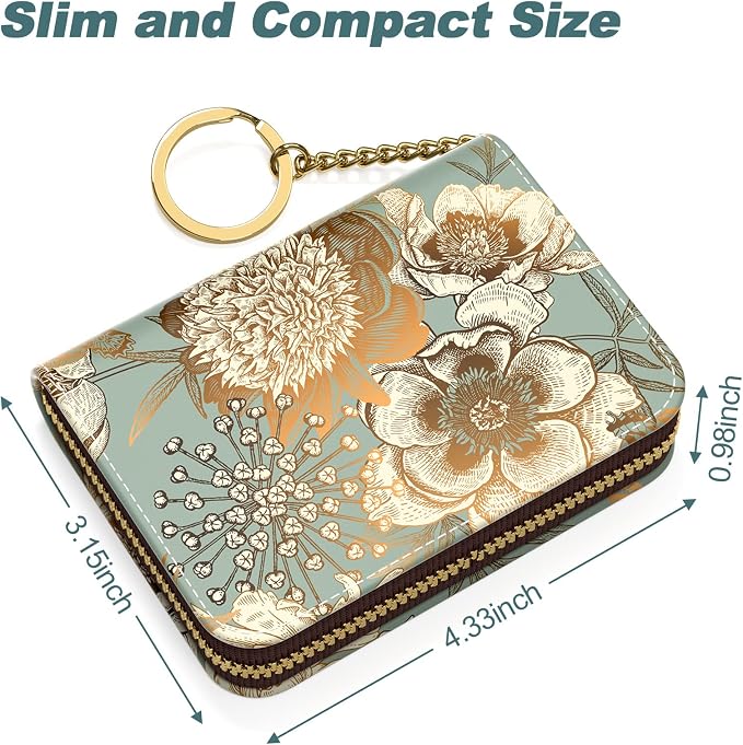 Nipichsha Women's Small RFID Blocking Credit Card Wallet, Blooming Flowers, Leather, Slim and Compact, 4.33 x 3.15 in | Leather Card Holder Wallet, Credit Card Wallet Organizer, Business Card Case with Zipper & Keychain, 12-Slot Compartment - Image 5