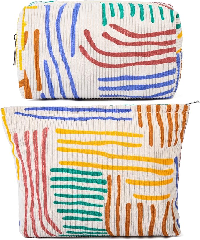 SOIDRAM 2 Pieces Stripes Makeup Bag Large Corduroy Cosmetic Bag Capacity Canvas Mix Travel Toiletry Bag Organizer Cute Makeup Brushes Aesthetic Accessories Storage Bag for Women, Stripes Mix Colorful by SOIDRAM