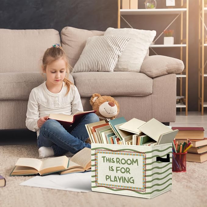 Playroom Encouraging Funny Storage Bins Box with Handles Organizer Basket | playful uplifting foldable basket for organizing, olive green collapsible toys clothes for nursery toddler bedroom, 10x14 in - Image 5