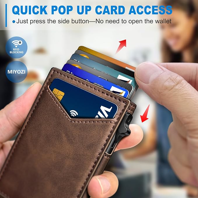 Wallet for Men, Slim Pop Up Card Holder - RFID Blocking Minimalist Bifold Wallet with ID Window, Holds 9-11 Cards & Stretchable Strap, Metal Flip Case with Magnetic Closure, Gift Box - Image 4
