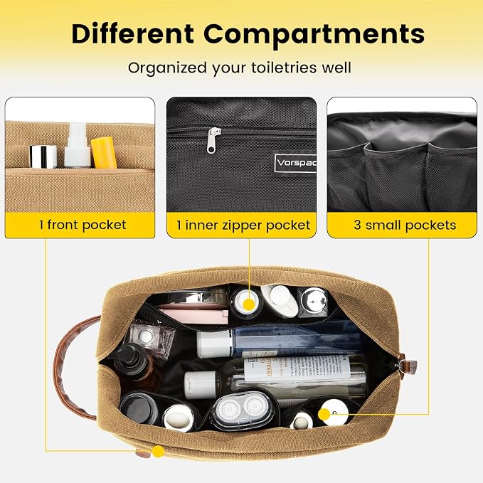 Vorspack Travel Toiletry Bag - Hanging Toiletry Bag for Men Water Resistant Canvas Shaving Bag with Large Capacity for Travel - Brown (Pack of 2) - Image 4