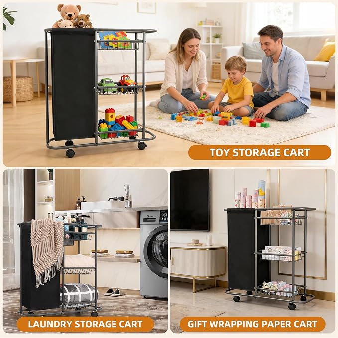 3-Tier Rolling Laundry Cart with Wheels and 45L Bag, Black | Between Washer and Dryer, Heavy Duty, For Narrow Space Laundry Room Bathroom Bedroom - Image 7