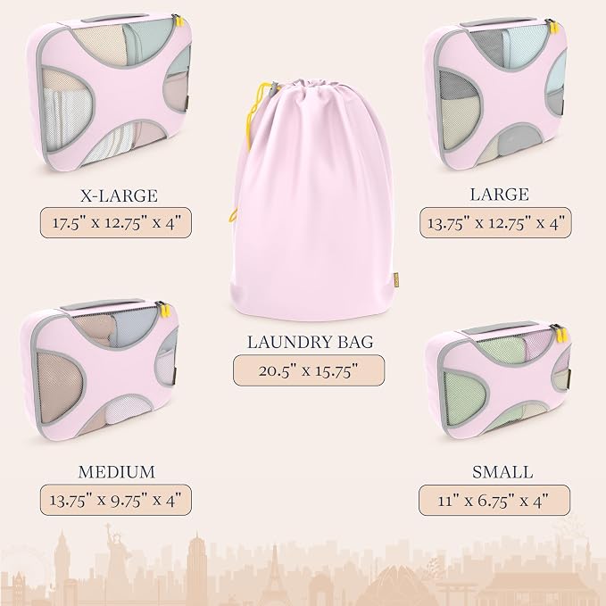 Shacke 5 Set Packing Cubes for Travel with Laundry Bag (Petal Pink) | Suitcase Organizer Bags Set: 4 Water-Resistant Luggage Cubes, XL to Small, + Laundry Bag for Carry-On or Checked - Image 4