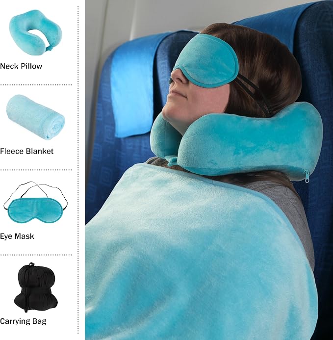 Home-Complete Travel Pillow Set - Memory Foam Pillow, Fleece Blanket, and Eye Mask - Travel Essentials for Airplanes, Trains, Cars, Buses (Blue) - Image 7