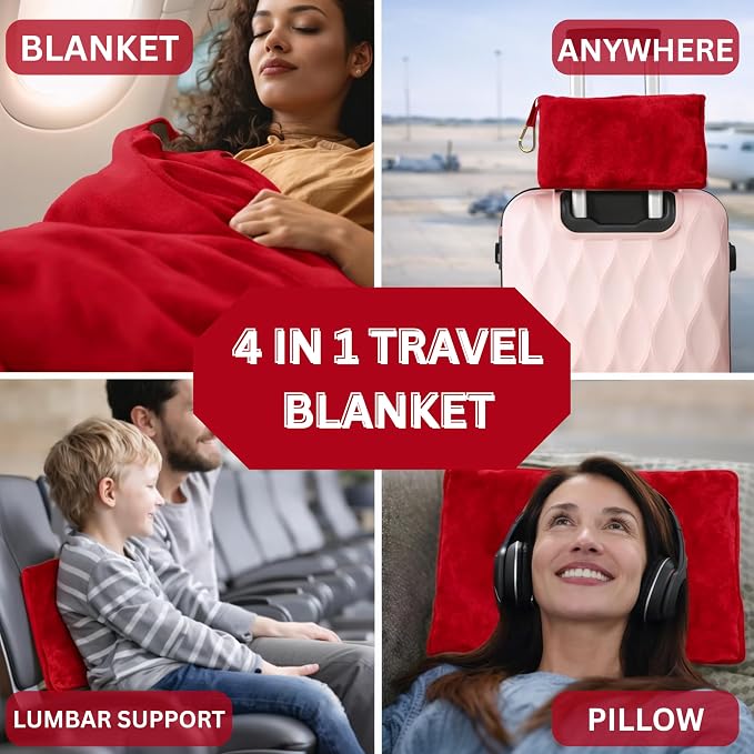 Travel Blanket and Pillow Compact – 4-in-1 Soft Fleece Airplane Blanket with Bag Pillowcase, Neck Pillow, Eye Mask & Earplugs, Lightweight Portable Flight Blanket 60"x43" (Red) - Image 2
