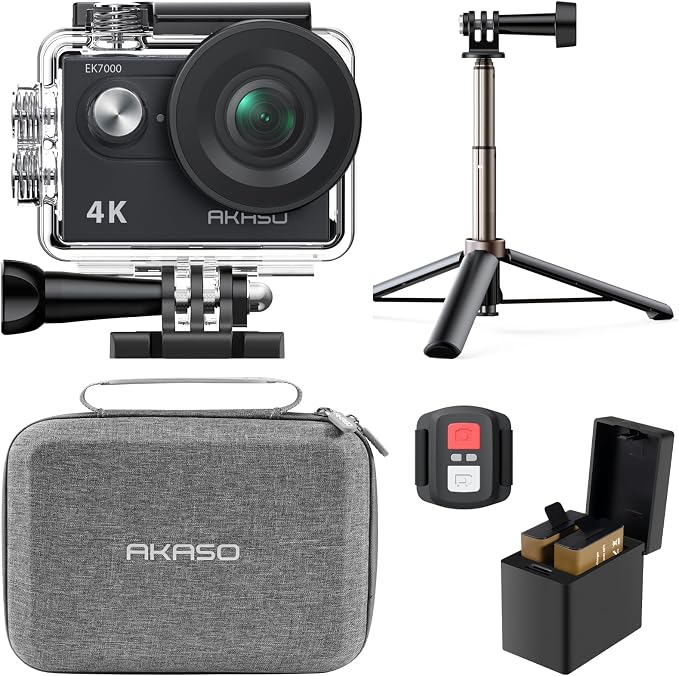AKASO EK7000 4K30fps Action Camera with Mini Selfie Stick Tripod and Carrying Case Bundle EIS 131ft Waterproof Camera 4X Zoom Remote Control 20 MP Underwater Camera by AKASO