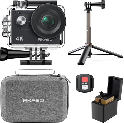 AKASO EK7000 4K30fps Action Camera with Mini Selfie Stick Tripod and Carrying Case Bundle EIS 131ft Waterproof Camera 4X Zoom Remote Control 20 MP Underwater Camera by AKASO