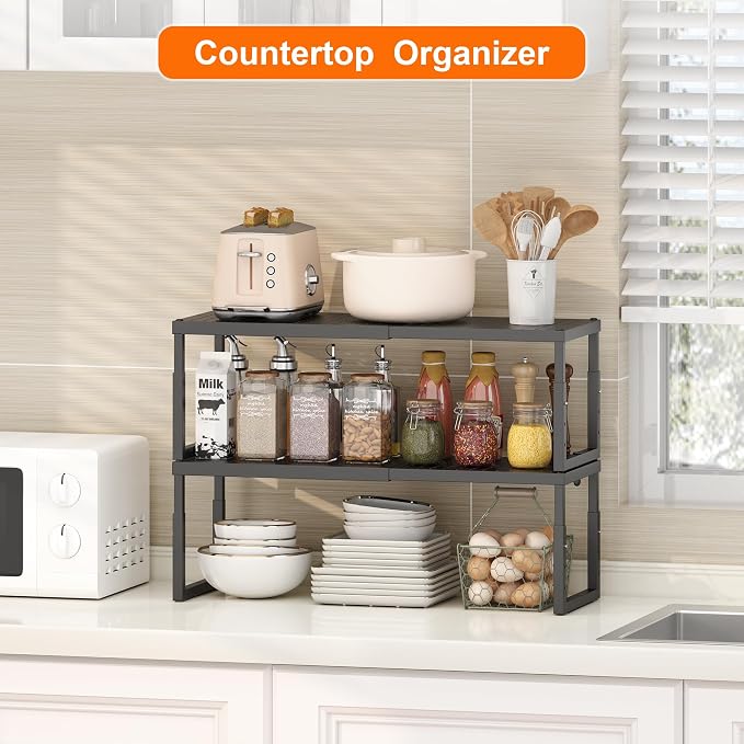 Shelf Organizer Riser For Cabinet Pantry Kitchen Countertop Cupbaord Closet | Expandable Width, Adjustable Height, Stackable As 2-Tier Shelf Rack, Snap-Button: Easily Adjust Height, Heavy Duty Metal - Image 4