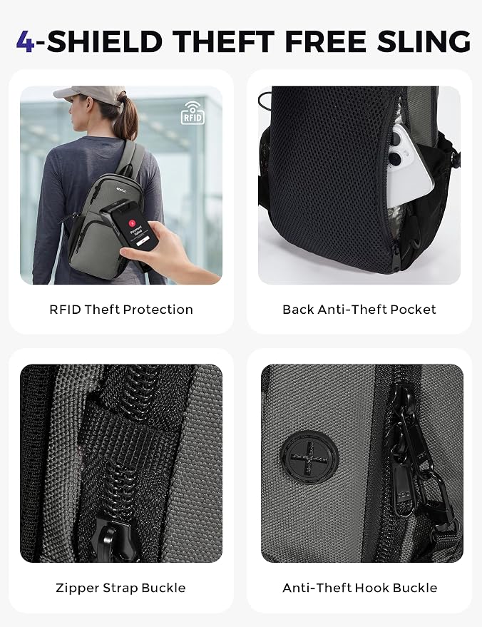ECOHUB Crossbody Bags for Women Men, Anti-Theft RFID Blocking Sling Backpack Water Resistant Chest Shoulder Daypack, Grey - Image 4