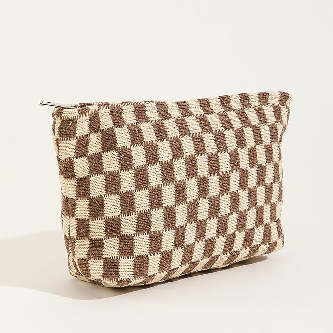 Cosmetic Bags for Women - Corduroy Cosmetic Bag Aesthetic Women Handbags Purses Smile Dots Makeup Organizer Storage Makeup Bag Girls Case Bags (Q-Checkered Khaki) - Image 2