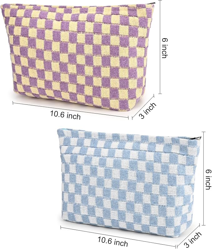 SOIDRAM 2 Pieces Makeup Bag Large Checkered Cosmetic Bag Capacity Canvas Travel Toiletry Bag Organizer Cute Makeup Brushes Aesthetic Accessories Storage Bag for Women,Checkered L Purple Light blue - Image 3
