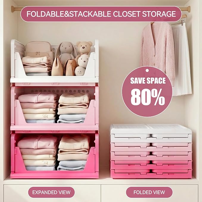 Pink Girl Closet Organizers and Storage Stackable Plastic Drawer Basket for Clothing Stackable Storage Bins Shelf Storage Container for RV Closet Wardrobe Bedroom Bathroom Playroom 6 Pack - Image 4