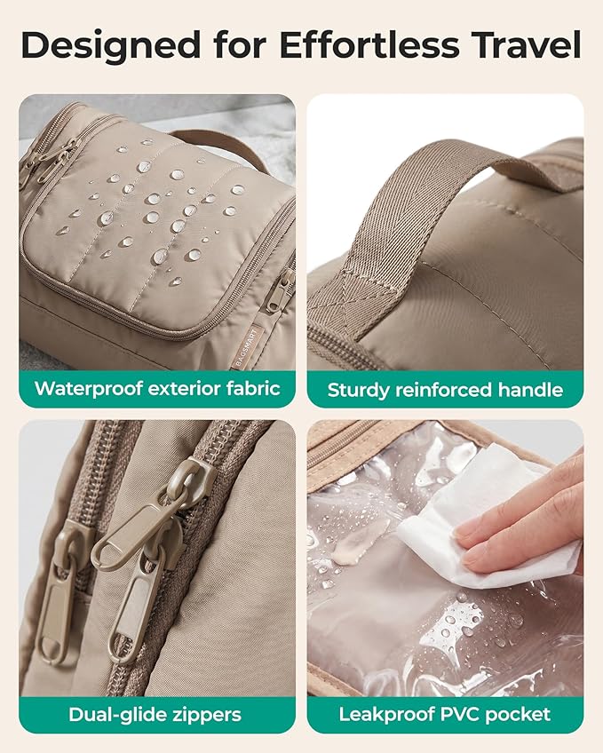 BAGSMART Travel Toiletry Bag for Women, Puffy Hanging Toiletry Bag with Hook, Water-resistant Toiletry Organizer for Full Sized Toiletries (Coffee Brown) - Image 4