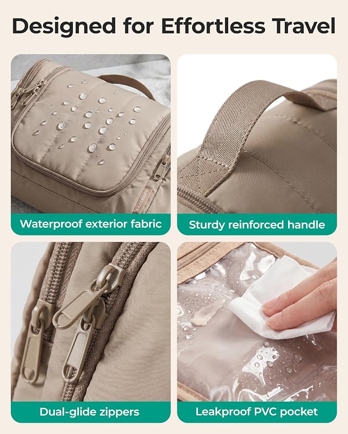 BAGSMART Travel Toiletry Bag for Women, Puffy Hanging Toiletry Bag with Hook, Water-resistant Toiletry Organizer for Full Sized Toiletries (Light Beige) - Image 4