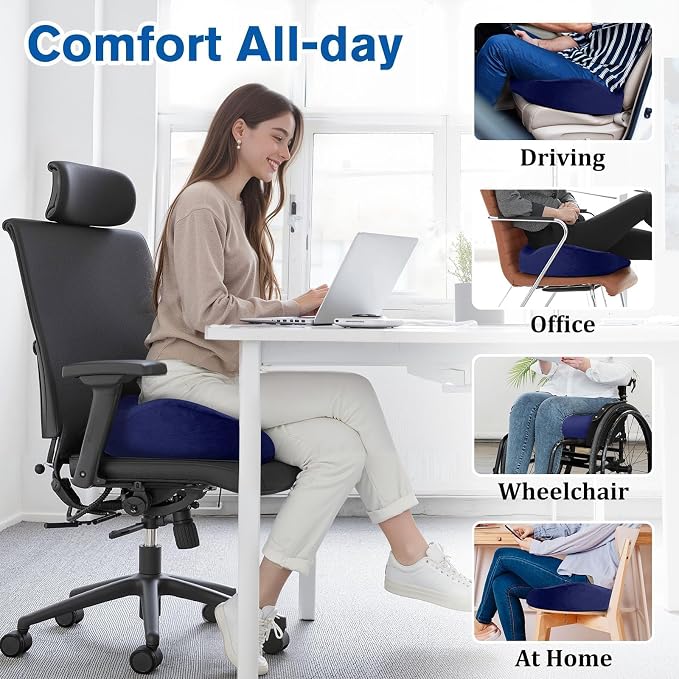 CushyOasis Seat Cushion, Office Chair Cushions, 5.28 in Thick (Blue) | Anti-Slip Back & Removable Cover, Ergonomic Tailbone Support Seat Cushion, Memory Foam Seat Cushion for Office - Image 6