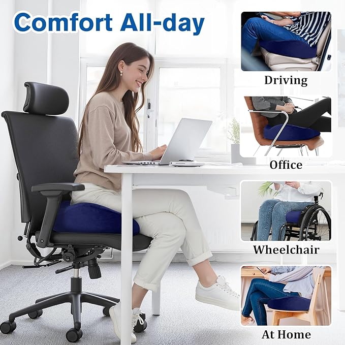 CushyOasis Seat Cushion, Gel Memory Foam Office Chair Cushions, (Blue) | Anti-Slip Back & Removable Cover, Ergonomic Tailbone Support Seat Cushion, Memory Foam Seat Cushion for Office - Image 6
